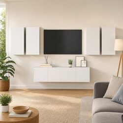 Wall Mounted TV Cabinet Set 6 Piece White Storage Unit Organiser Display Shelf