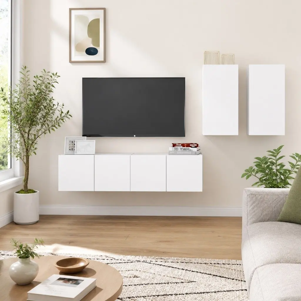 4 Piece White Wall Mounted TV Cabinet Storage Unit with Flexible Configuration and Ample Display Space