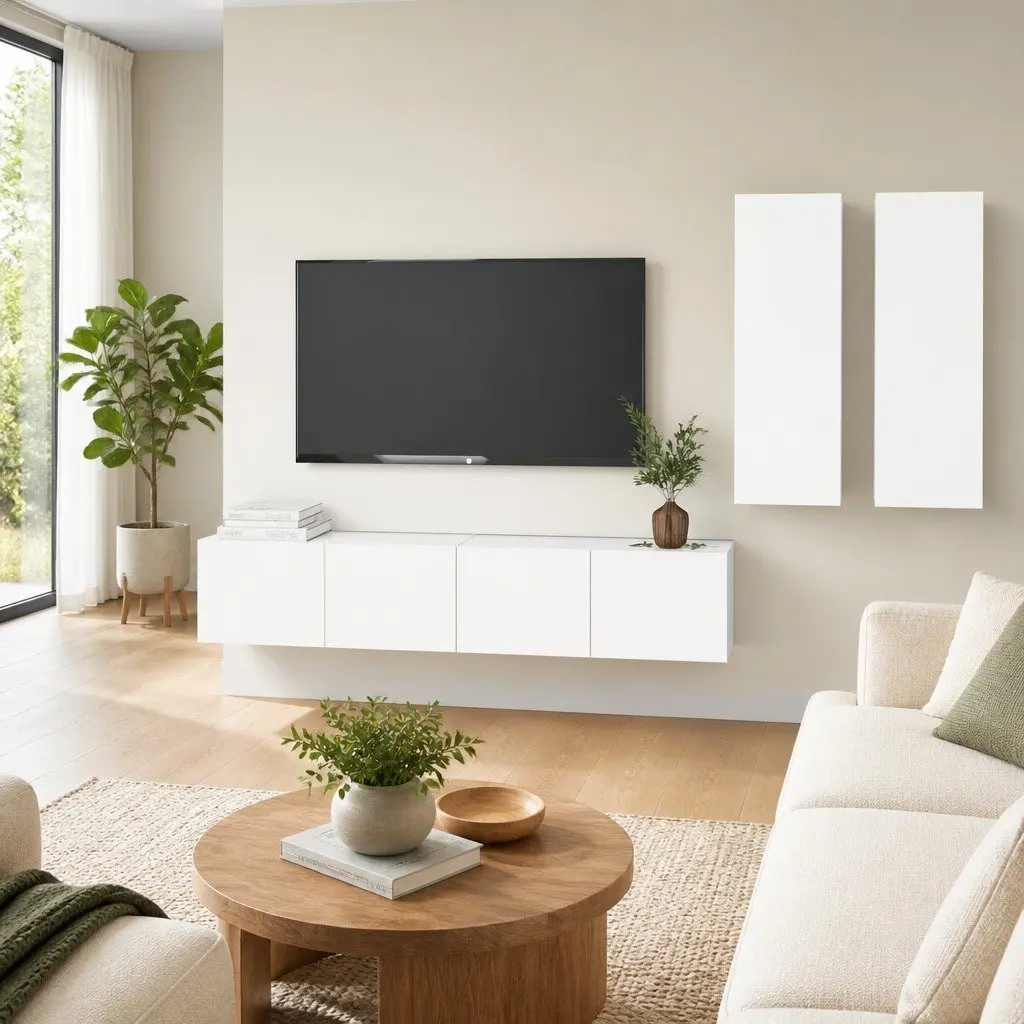 4 Piece White Wall Mounted TV Storage Unit Living Room Cabinet Set