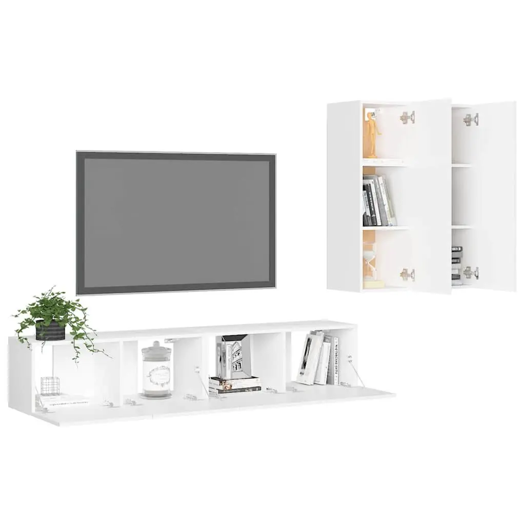 4 Piece White Wall Mounted TV Storage Unit Living Room Cabinet Set