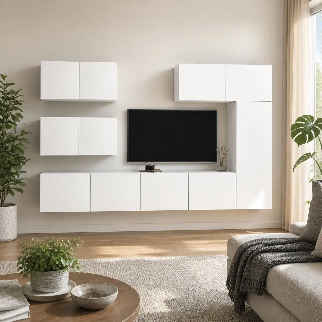 6 Piece TV Cabinet Set White Wall Mounted Storage Unit Modern Living Room Furniture