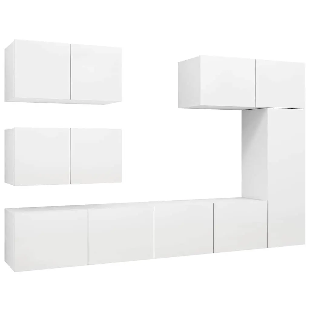 6 Piece TV Cabinet Set White Wall Mounted Storage Unit Modern Living Room Furniture