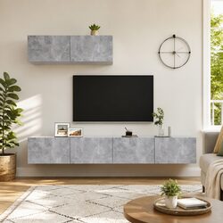 TV Cabinets 3 Piece Grey Wall Mounted Storage Units HiFi Stereo Organiser