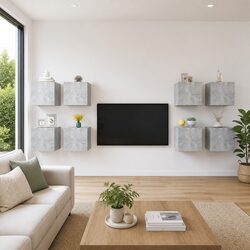 Wall Mounted TV Cabinet Unit 8 Piece Set Concrete Grey Storage Compartment