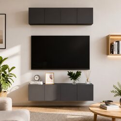 High Gloss Grey TV Cabinet Set 4 Pieces Wall Mounted Storage Unit Engineered