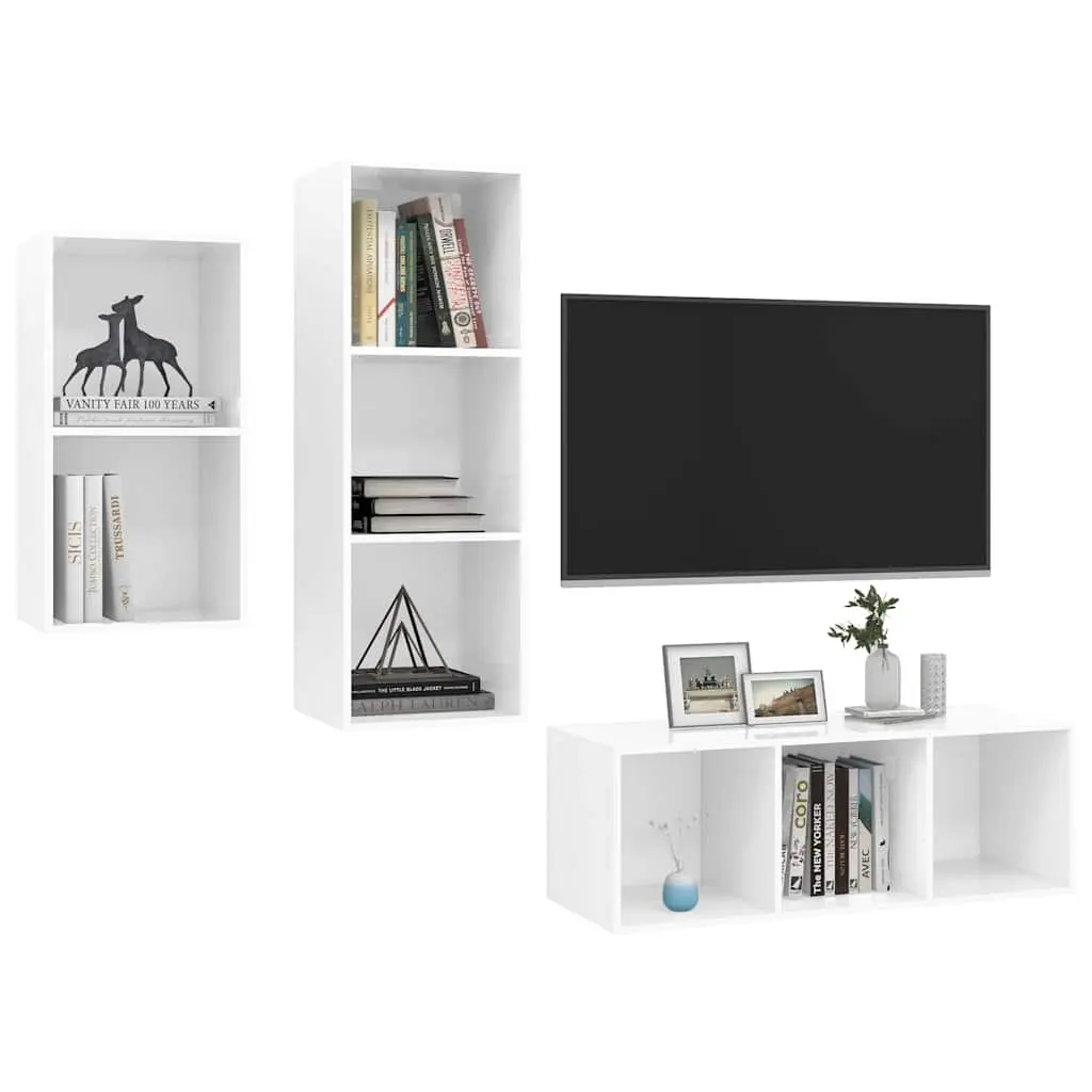 3 Piece High Gloss White Wall Mounted Storage Unit for TV with Ample Organizing Space