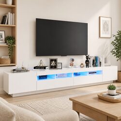 Modern White Media Storage Unit with LED Lighting 260x35x40cm
