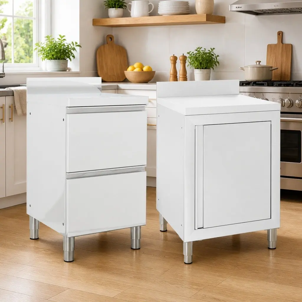 Commercial Kitchen Cabinet Stainless Steel Storage Equipment Adjustable Feet Backsplash Water Pipe Hole 2 Piece