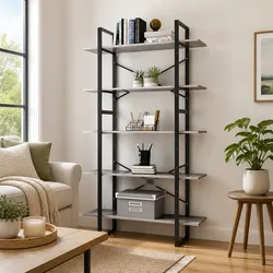Stylish 5-Shelf Bookcase in Grey for Contemporary Spaces