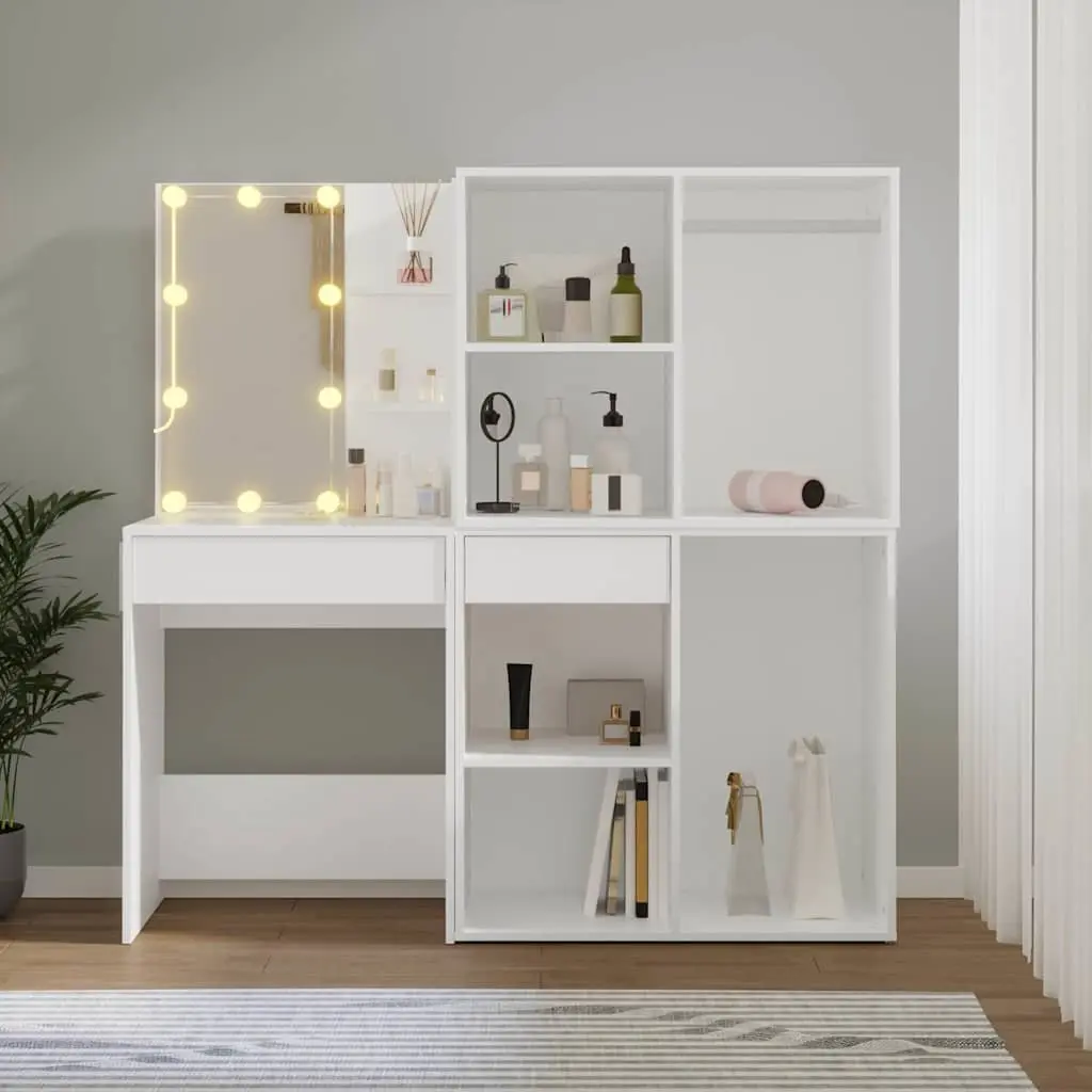 LED Dressing Table with 2 Storage Cabinets White Adjustable Light Modes