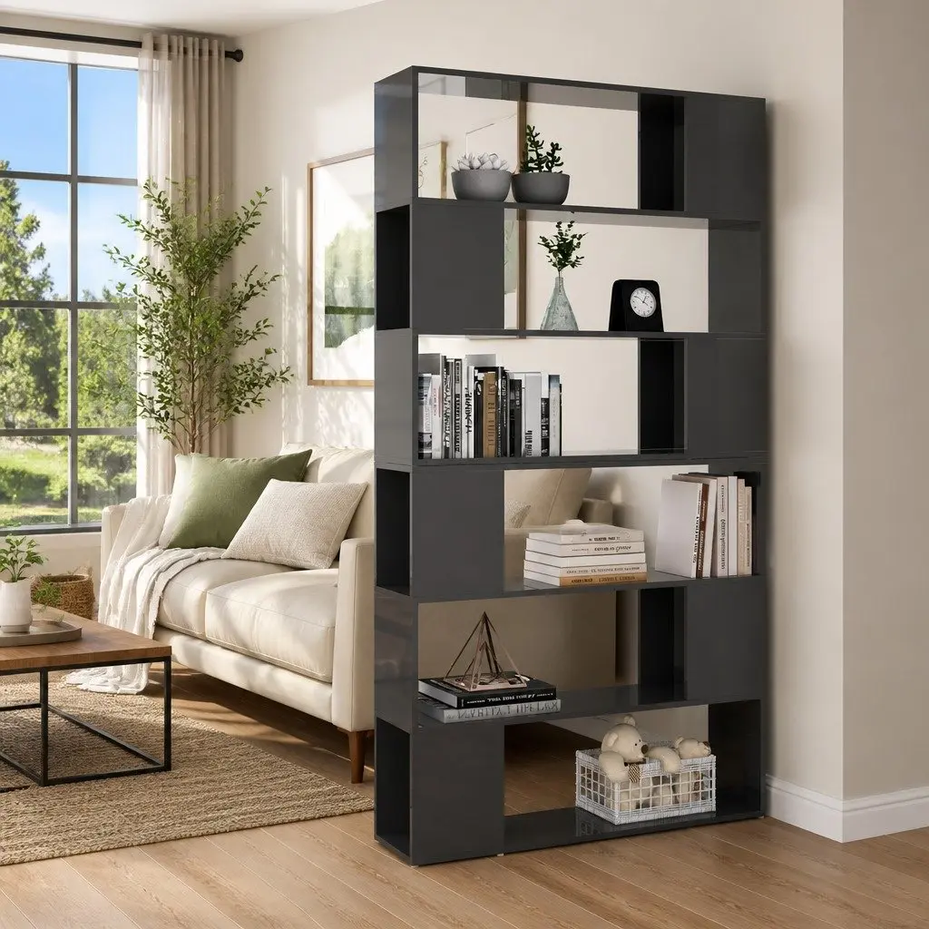 Book Cabinet Room Divider High Gloss Grey Storage Organiser