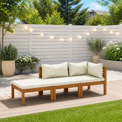 3 Piece Garden Lounge Set Outdoor Furniture Acacia Wood Frame Cream Cushions