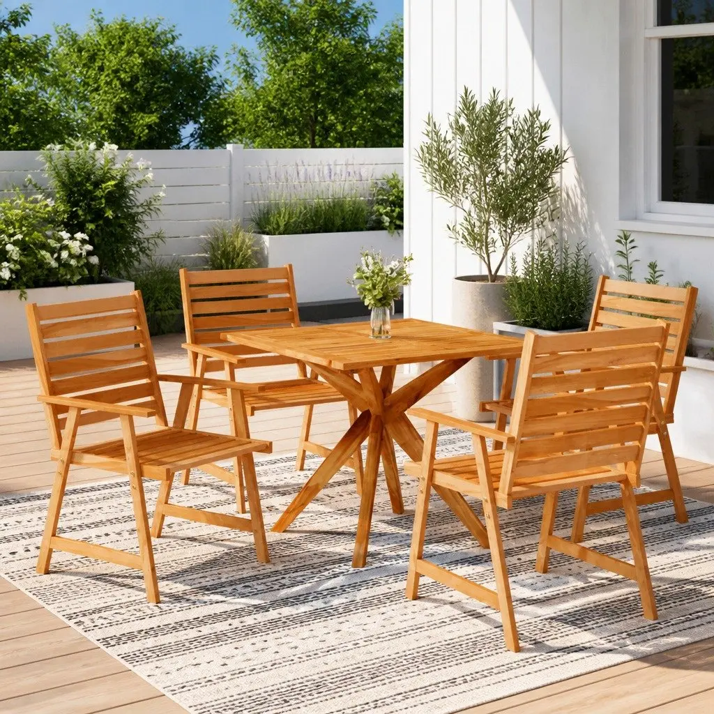 5 Piece Outdoor Dining Set Solid Acacia Wood Sturdy Brown Furniture