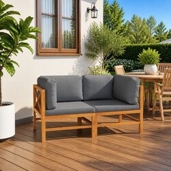 2-Seater Garden Sofa Outdoor Patio Furniture with Grey Cushions Teak Wood