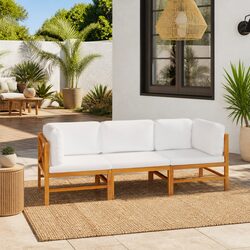 3-Seater Garden Sofa Outdoor Patio Furniture Teak Wood Cream Cushions Lounge Set
