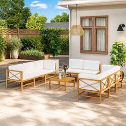 Garden Lounge Set 9 Piece Outdoor Furniture Teak Wood with Cream Cushions Patio