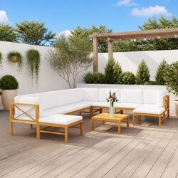 11 Piece Garden Lounge Set Outdoor Furniture Teak Wood with Cream Cushions Patio