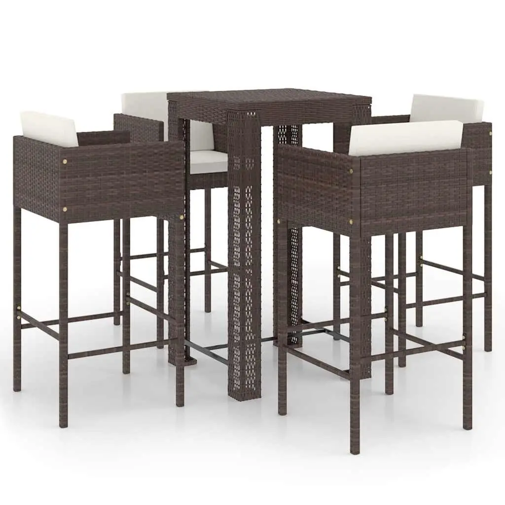 5 Piece Outdoor Bar Set Brown Weather-resistant PE Rattan Garden Bar Table and Stools with Cushions