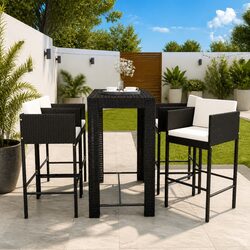 Outdoor Bar Set 5 Piece Garden Furniture with Cushions Poly Rattan Black
