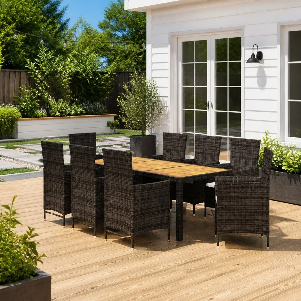 Outdoor Dining Set 9 Piece Black Poly Rattan with Cushions Weather-Resistant Steel Frame