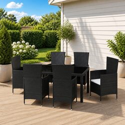 Outdoor Dining Set 7 Piece Garden Furniture Black Poly Rattan Steel Frame