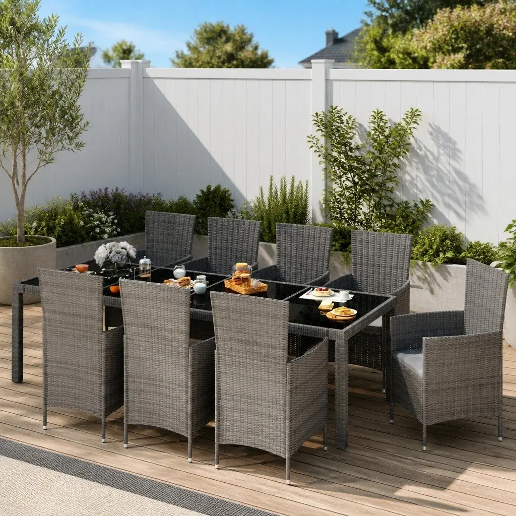 9 Piece Grey Rattan Outdoor Dining Set with Steel Frame and Removable Cushions