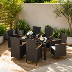 7 Piece Outdoor Dining Set Black Poly Rattan Garden Furniture Table Chairs