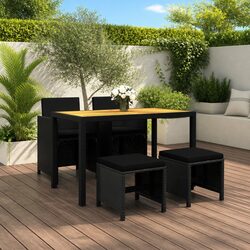 5 Piece Outdoor Garden Dining Set Black PE Rattan Table Chairs Cushions