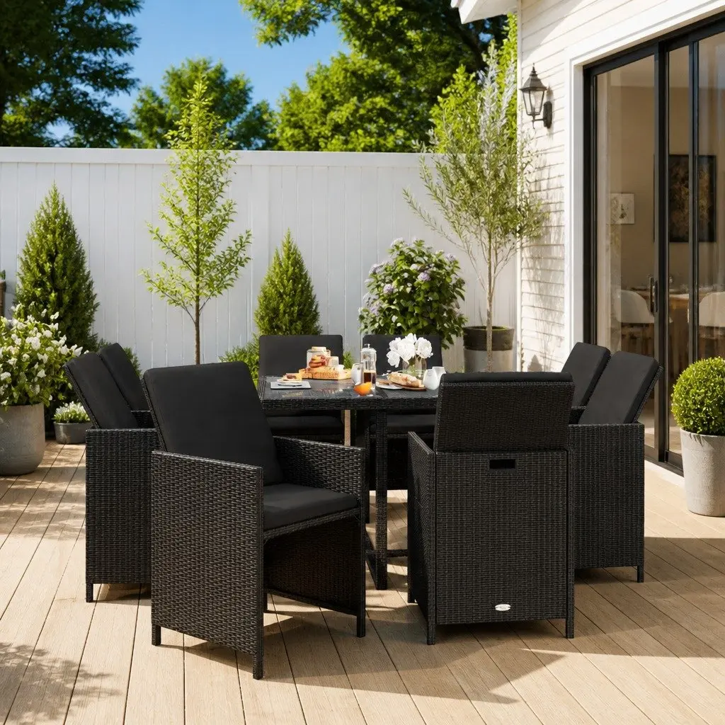 Garden Dining Set 9 Piece Black Weather-resistant PE Rattan Outdoor Furniture with Cushions