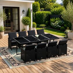 Garden Dining Set 9 Piece Outdoor Furniture PE Rattan Black Cushions Patio