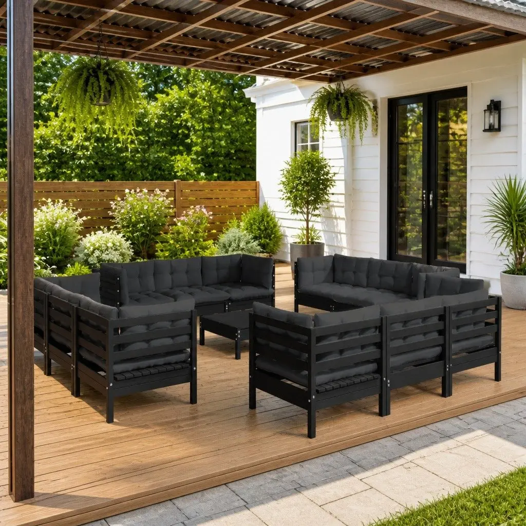 Garden Lounge Set 13 Piece Outdoor Patio Furniture Pinewood with Cushions Black