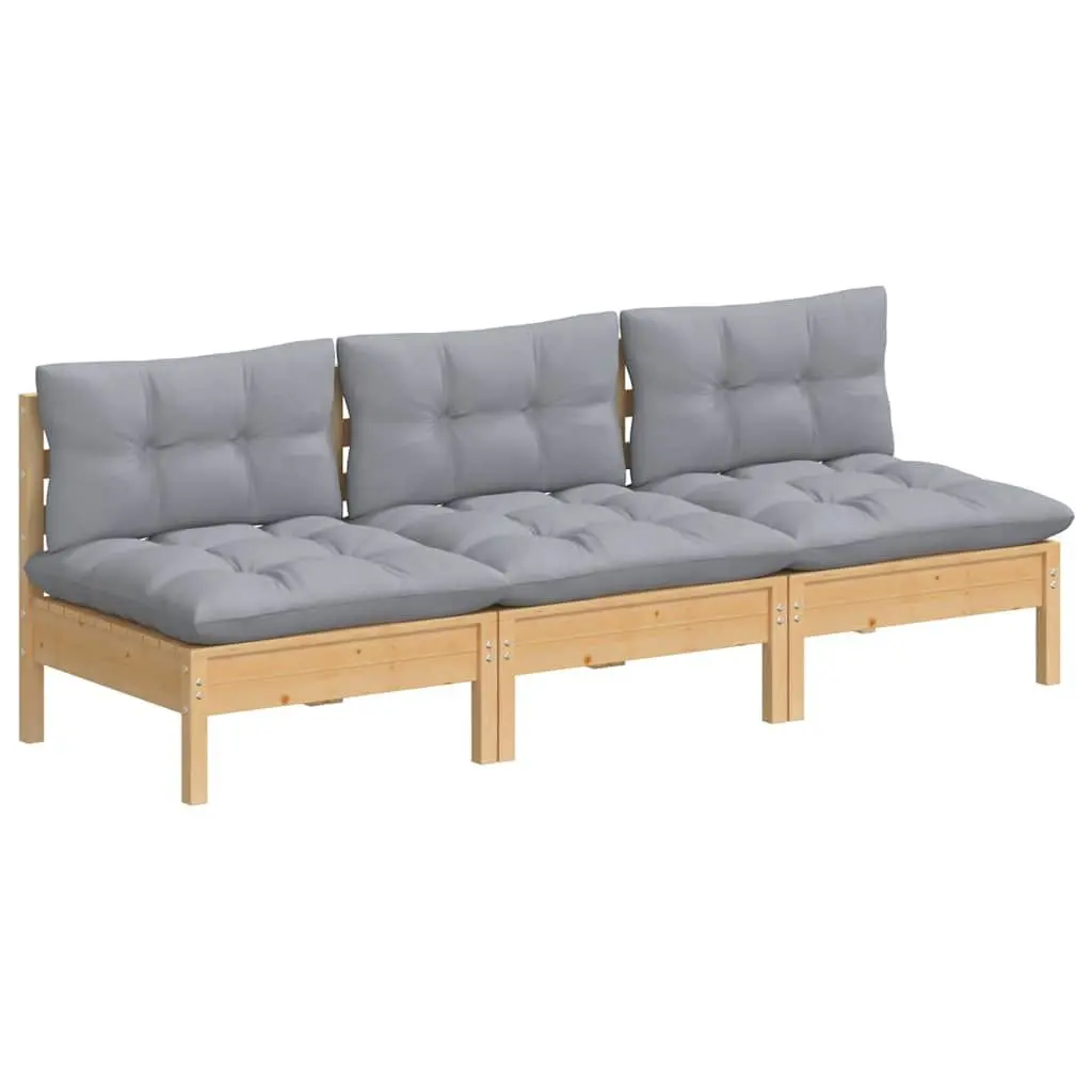 Outdoor Garden Sofa 3-Seater with Grey Cushions Solid Pinewood Patio Furniture
