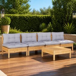 5 Piece Garden Lounge Set Outdoor Patio Furniture Grey Cushions Pinewood