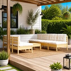 Garden Lounge Set 8 Piece Outdoor Patio Furniture Modular Pinewood Cream