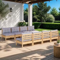 Garden Lounge Set 9 Piece Outdoor Patio Furniture Grey Cushions Pinewood Modular