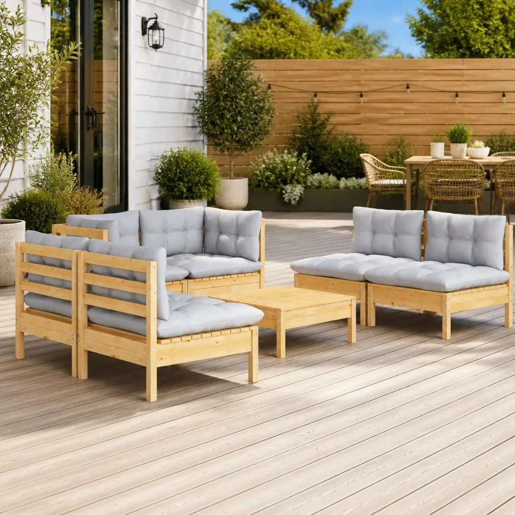 Garden Lounge Set 7 Piece Modular Outdoor Patio Furniture Grey Cushions Pinewood