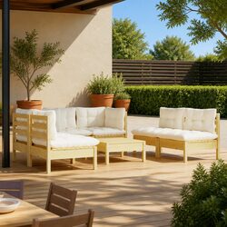 Outdoor Patio Lounge Set 7 Piece Pinewood Garden Furniture with Cream Cushions