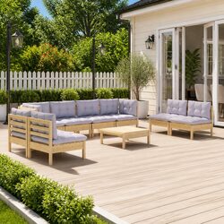 Garden Lounge Set 9 Piece Outdoor Patio Furniture Grey Cushions Pinewood