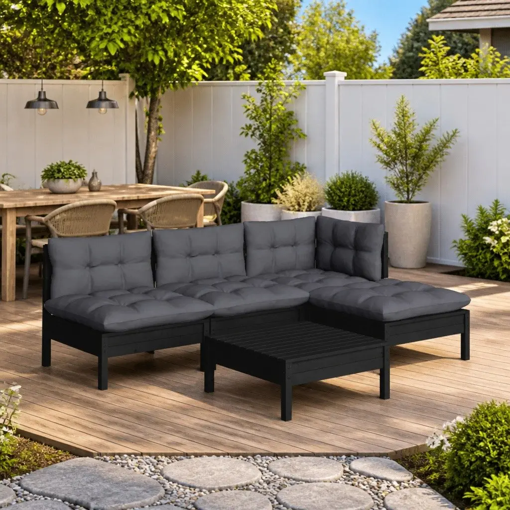 Garden Lounge Set 5 Piece Black Pinewood Modular Outdoor Furniture with Cushions