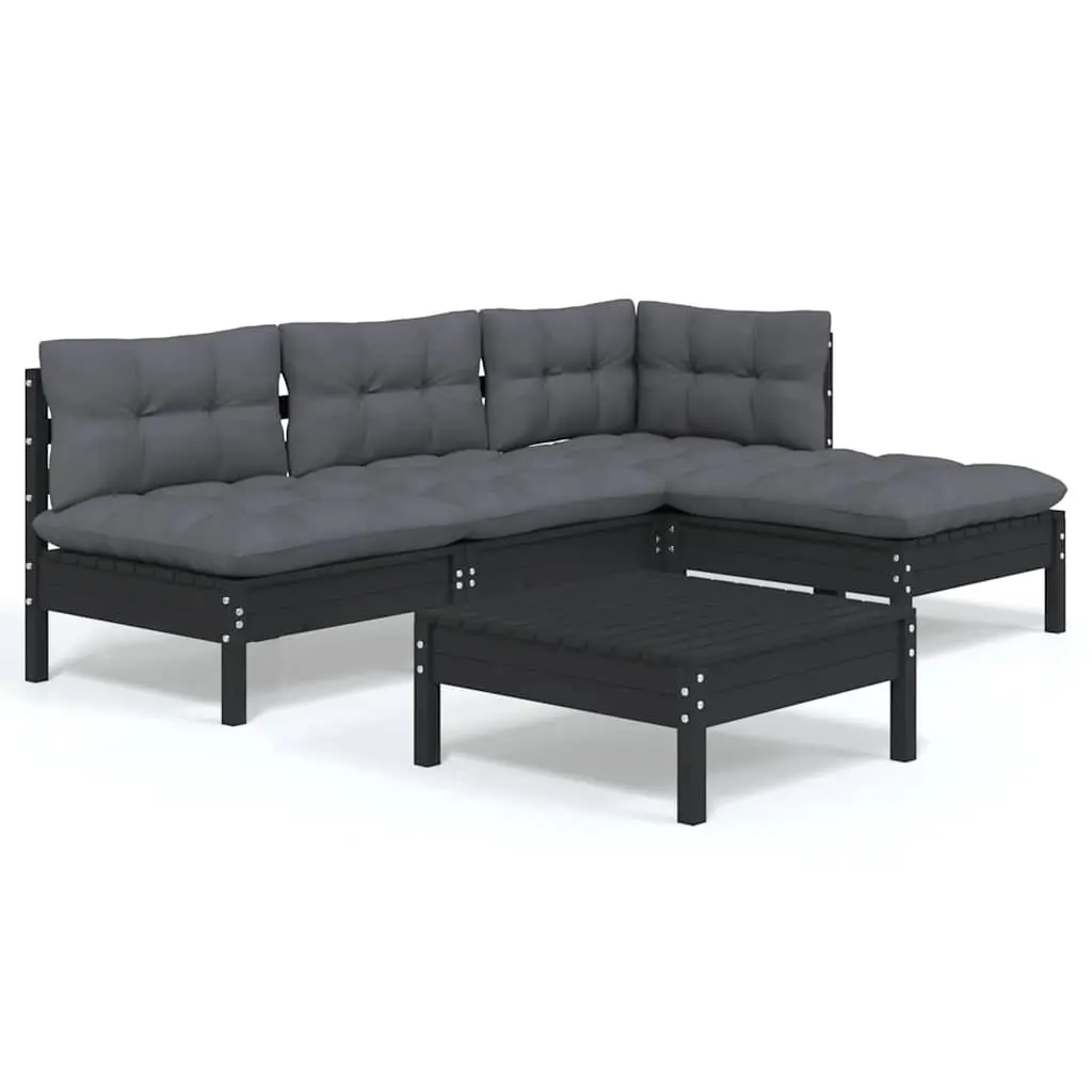 Garden Lounge Set 5 Piece Black Pinewood Modular Outdoor Furniture with Cushions