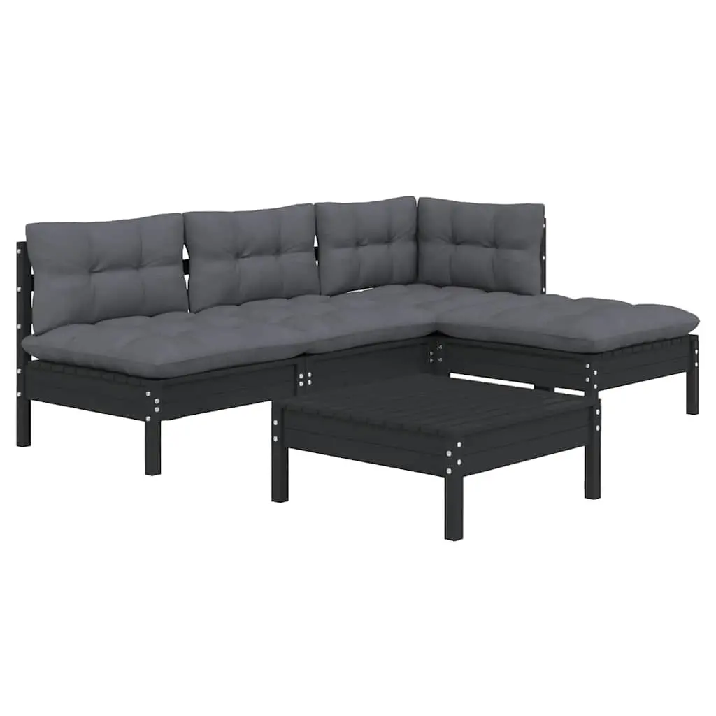 Garden Lounge Set 5 Piece Black Pinewood Modular Outdoor Furniture with Cushions
