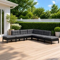 7 Piece Garden Lounge Set with Cushions Black Pinewood Outdoor Patio Furniture