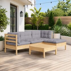 Garden Lounge Set 5 Piece Outdoor Patio Furniture Grey Cushions Pinewood