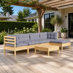 6 Piece Wooden Garden Lounge Set with Grey Cushions Outdoor Patio Furniture