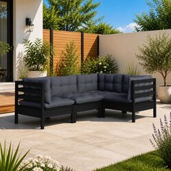Garden Lounge Set 4 Piece Outdoor Patio Furniture Black Pinewood with Cushions