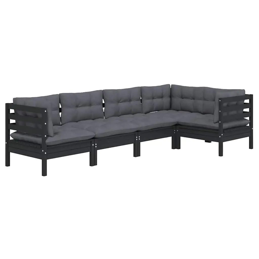 Garden Lounge Set 5 Piece Black Pinewood Outdoor Furniture with Cushions
