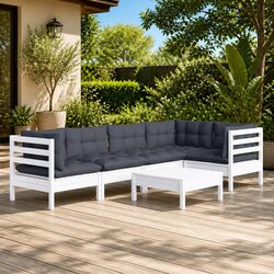 Wooden Garden Lounge Set 6 Piece White Pinewood Patio Furniture with Cushions