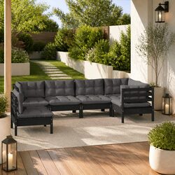 Stylish Black Pinewood Outdoor Lounge Set with Cushions