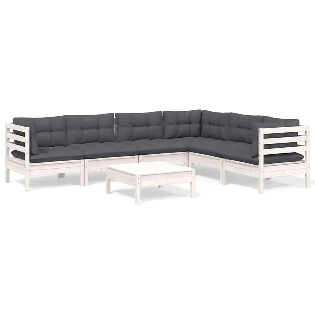 7 Piece Garden Lounge Set White Solid Pinewood Outdoor Patio Furniture with