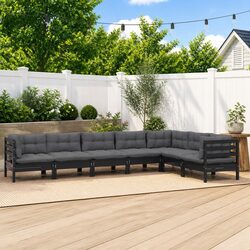7 Piece Garden Lounge Set with Cushions Black Solid Pinewood Outdoor Patio
